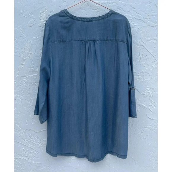 Chicos Womens Long Sleeve High Low Asymmetrical Denim Blue Top Sz 3 - Picture 2 of 11